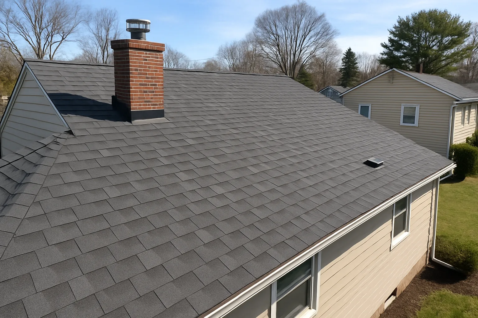 Completed roof repair with new shingles