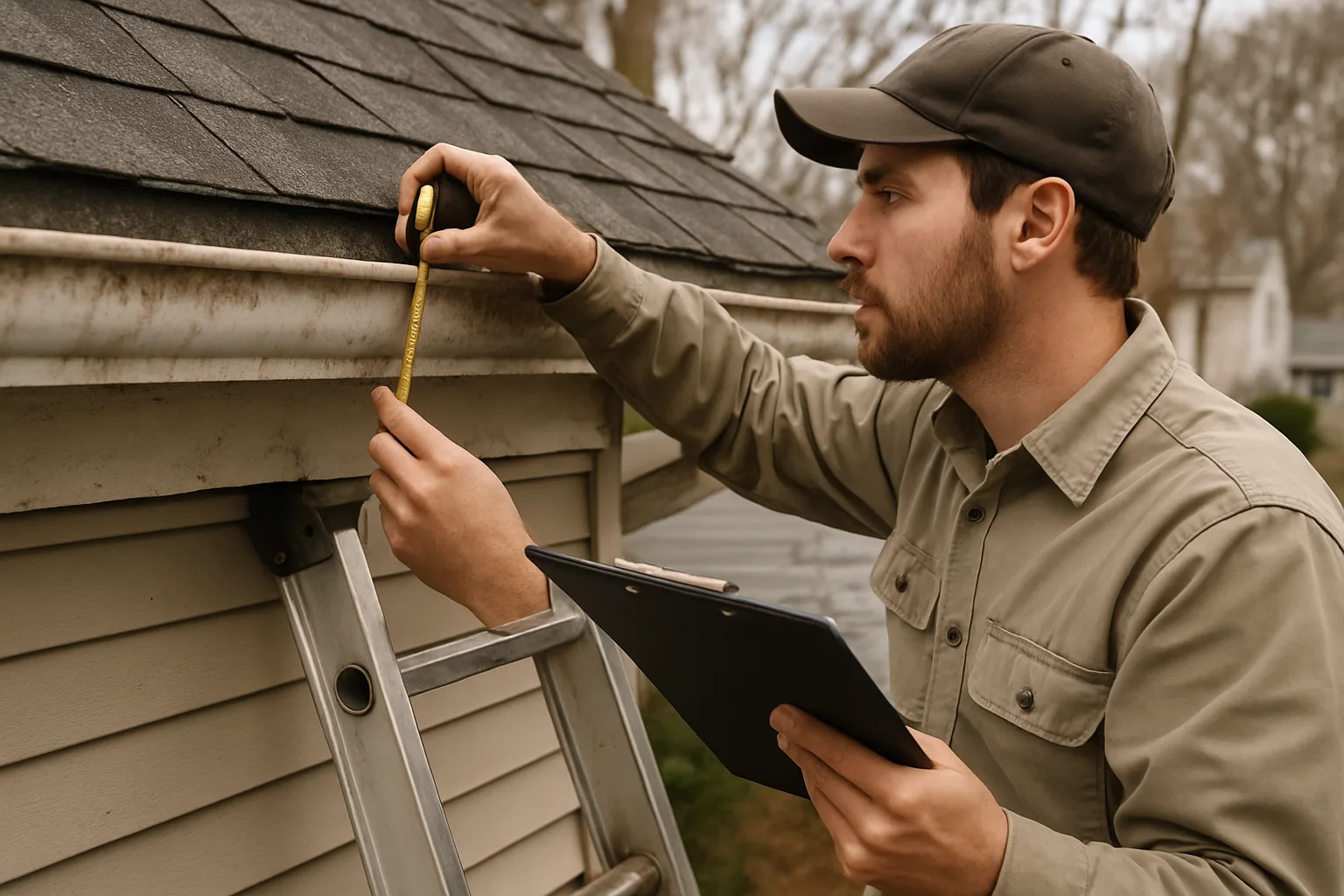 Roof inspection in progress with measurement tools